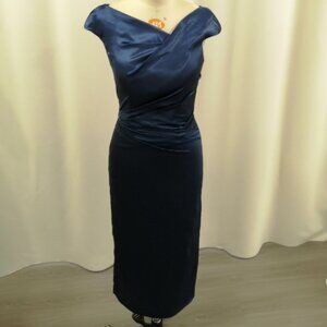 SHEATH COWL NECK SHORT SLEEVE TEA-LENGTH SATIN MOTHER OF BRIDE DRESS